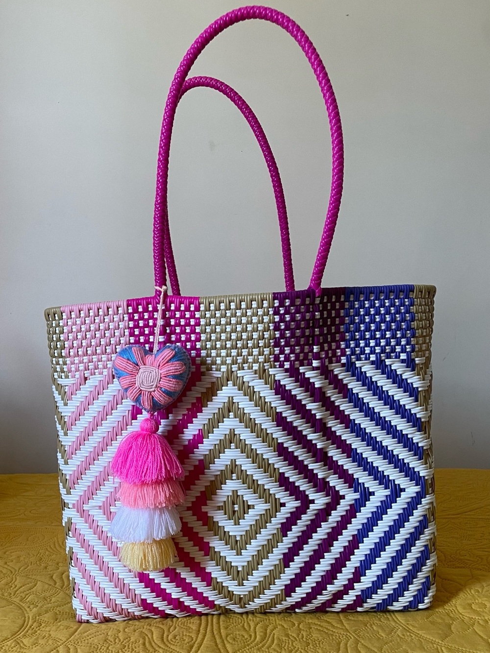 Colorblock Handwoven Tote Bag with Tassel - Multicolored